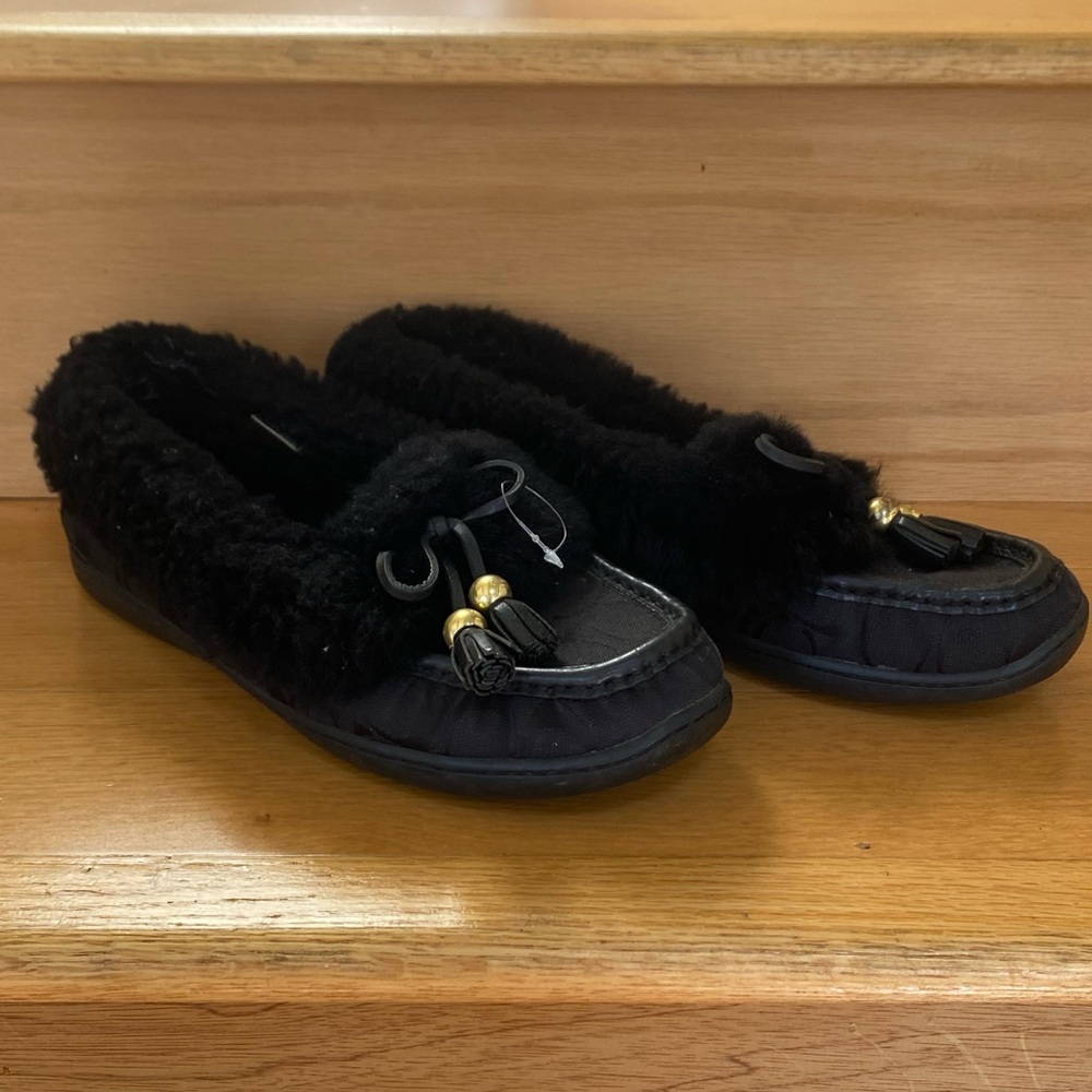 Coach Fiona Black Moccasin Slippers with Tassels
